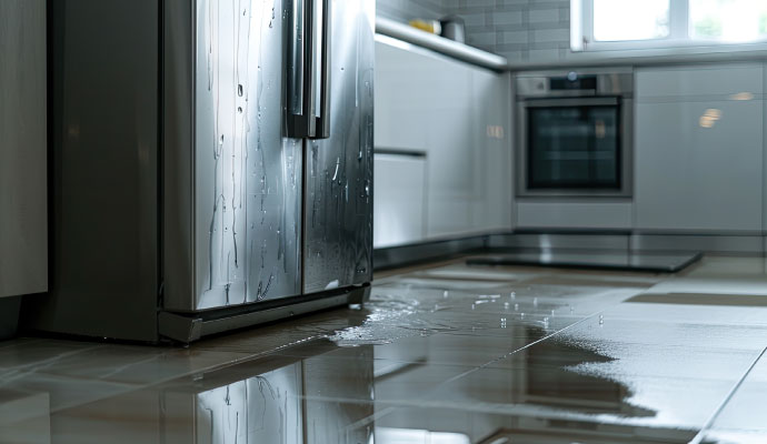 A refrigerator leaking water onto the kitchen floor