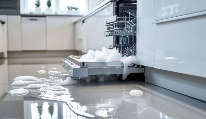 An open dishwasher overflowing with a thick layer of white soap suds
