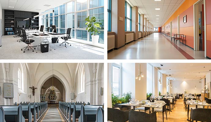 Collage of office room, church, college corridor, and restaurant