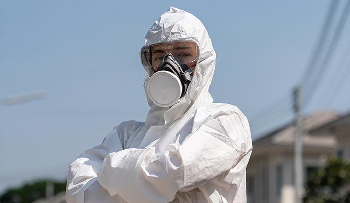 Professional in full HAZMAT suit with respirator mask