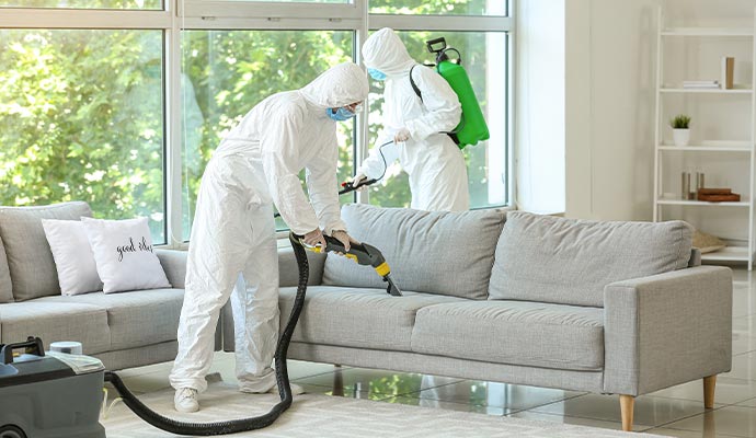 Professional team deep cleaning and disinfecting living room