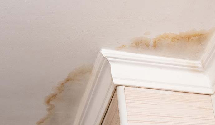 Brown water damage stains on a drywall ceiling