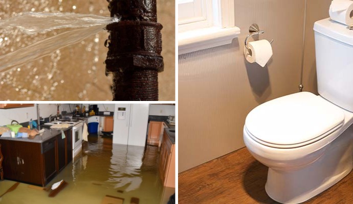 Collage of water spraying out from a broken water pipe, flooded room and clean toilet