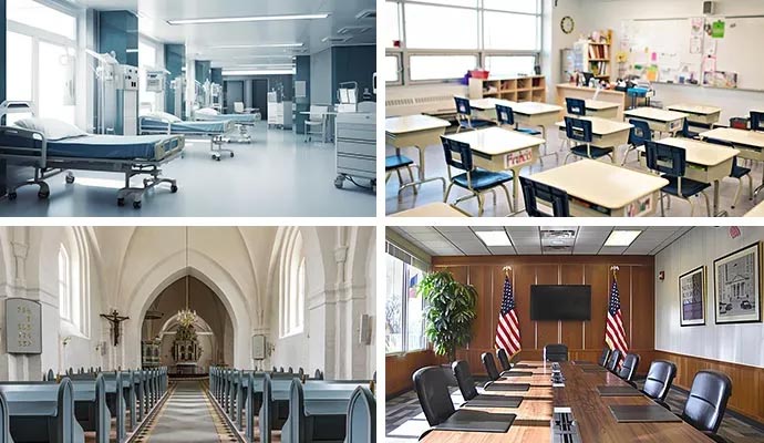 Collage of clean office, school, medical, and church