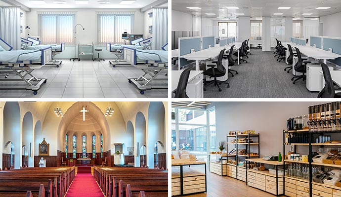 Collage of clean office, stores, healthcare, and church