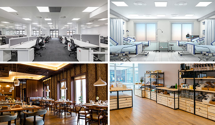 Collage of clean office, healthcare, restaurant and retail spaces