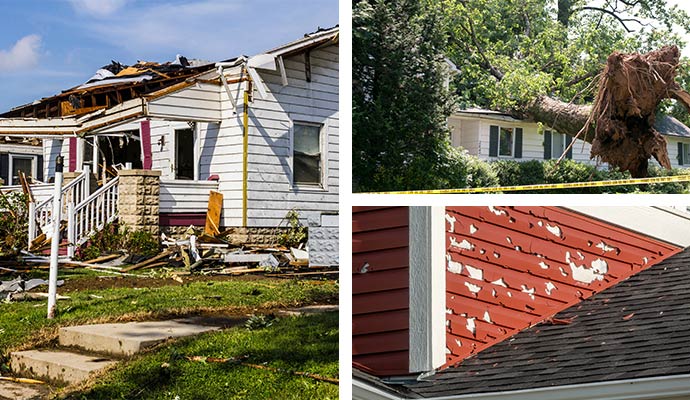 Collage of hurricane, wind, and hail damaged property