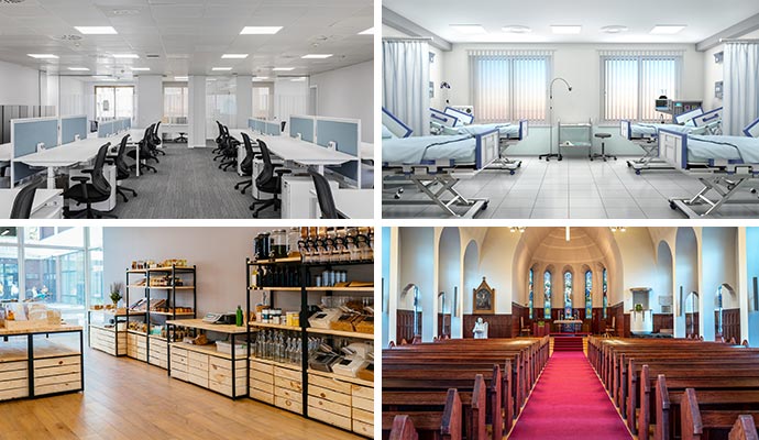 Collage of office, retail store, hospital, and church