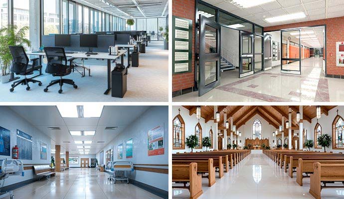 Collage of offices, school, hospital, and church