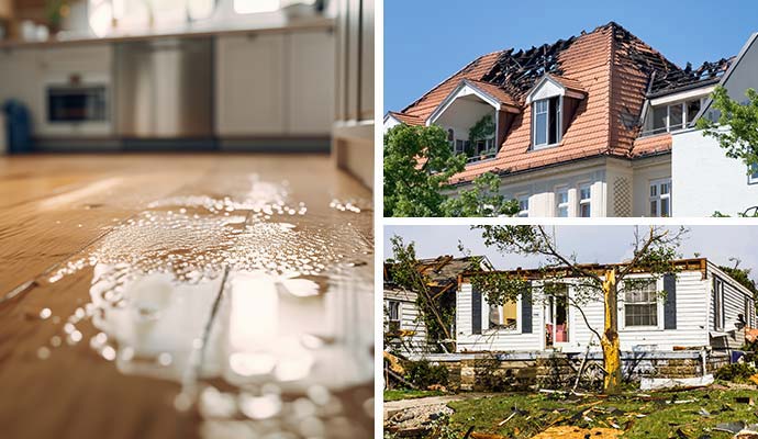 Collage of water fire and storm damaged property