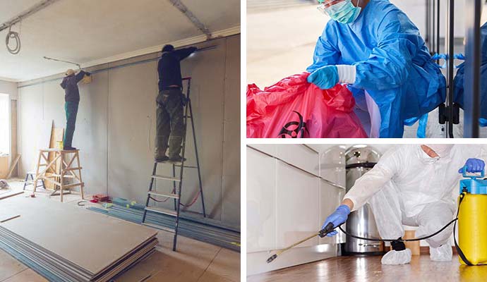 Collage of reconstruction, biohazard-cleanup and disinfecting service