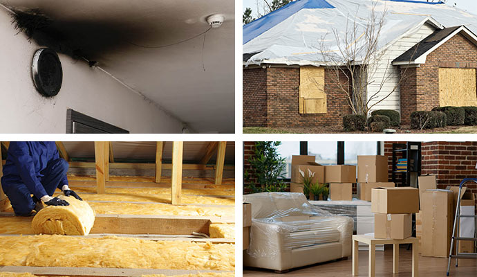 Collage of soot damage, board up, insulation and content pack out service