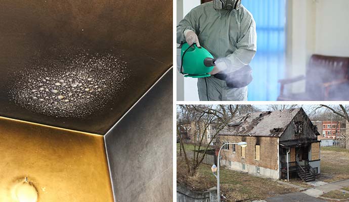 Collage of soot damaged ceiling, smoke odor removal service and boarded up fire damaged house