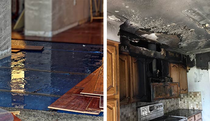 Collage of water and fire damage