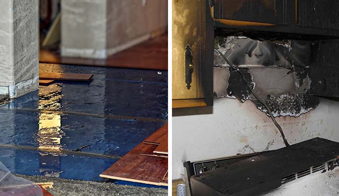 Collage of water and fire damage property