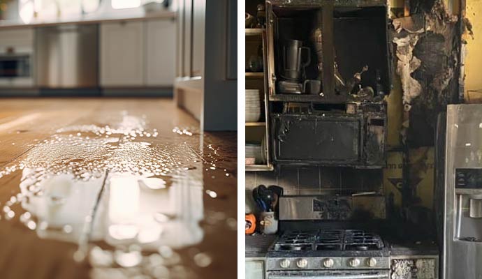 Collage of water and fire damage