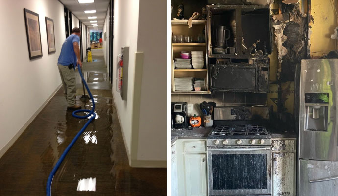 Collage of water damage restoration and fire damage kitchen