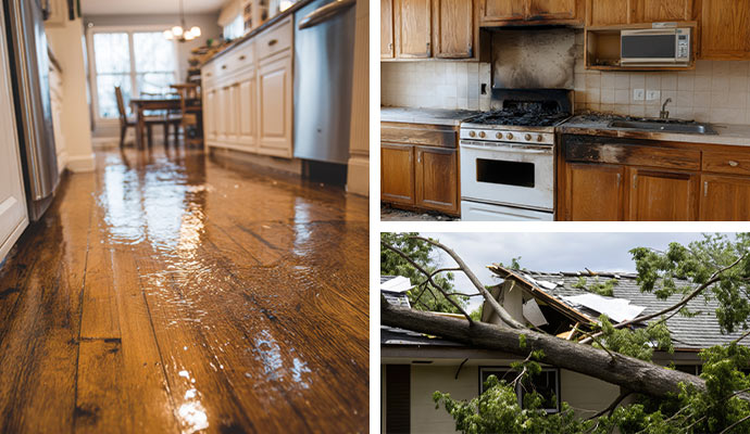 Collage of water damaged kitchen, fire damaged kitchen, storm damaged house