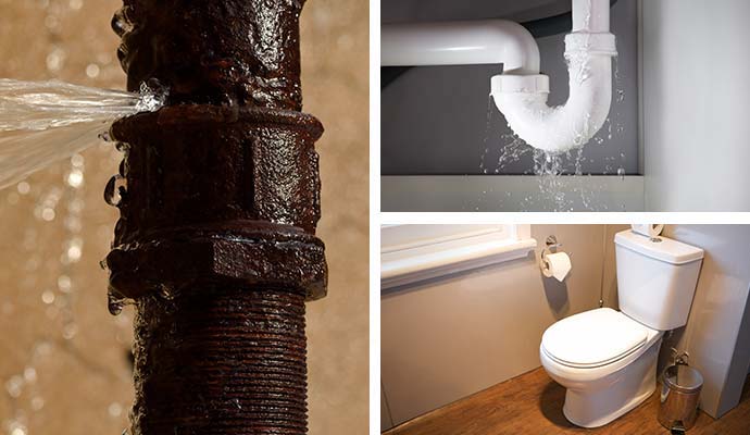 Collage of water spraying out from a broken water pipe, water leaking from plumbing leak and clean toilet interior