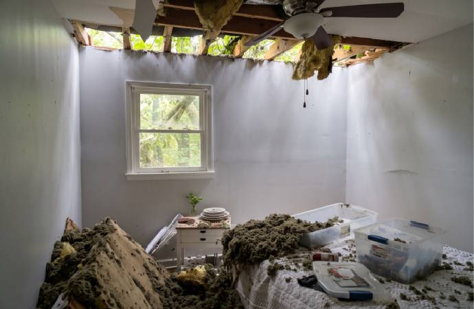 Bedroom interior with a collapsed ceiling and insulation debris from hurricane damage