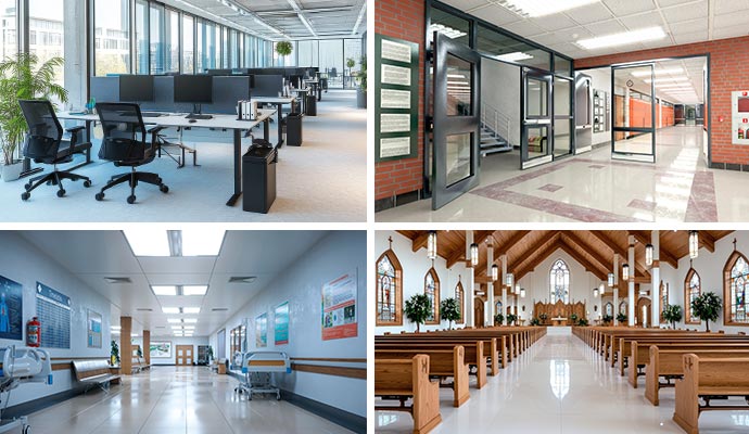 Collage showing clean office desks, school hallway, hospital corridor, and church interior