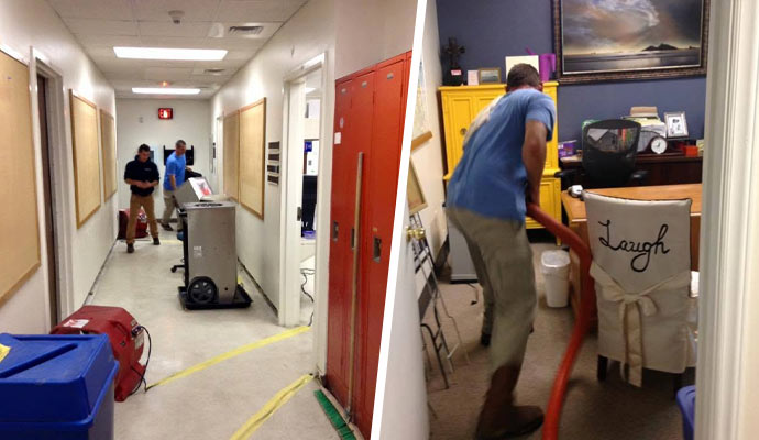Commercial office water damage restoration collage