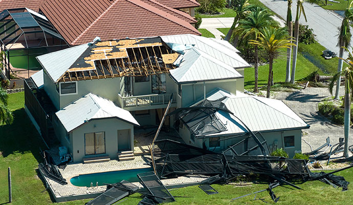 Aerial view of hurricane damaged property