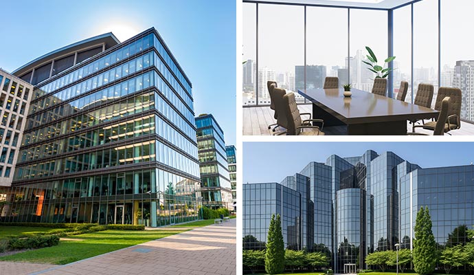 Collage of commercial office building, meeting room and high rise offices
