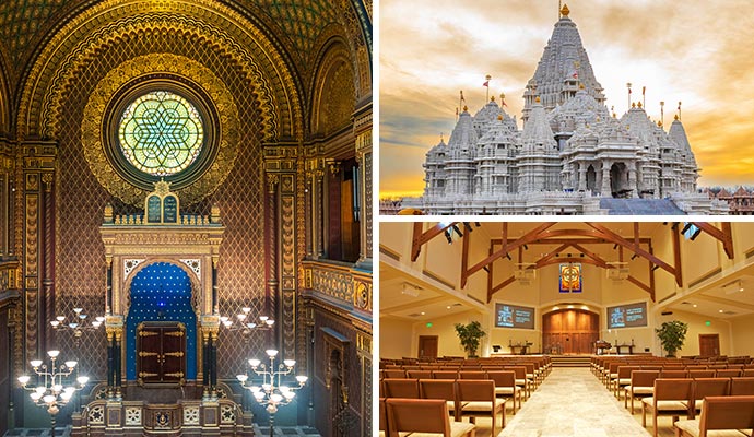 Collage of synagogue temple and church