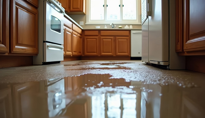 Flooded kitchen with standing water