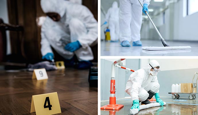 Collage showing forensic cleaning with evidence markers, floor mopping in protective gear, and containment of hazardous spills