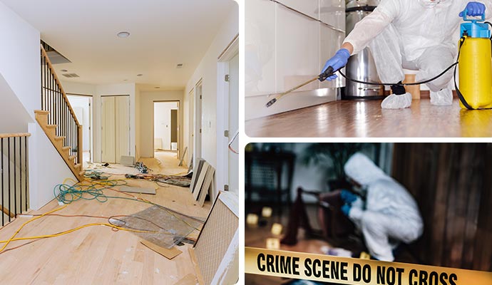 Collage of reconstruction disinfection service and biohazard cleaning service