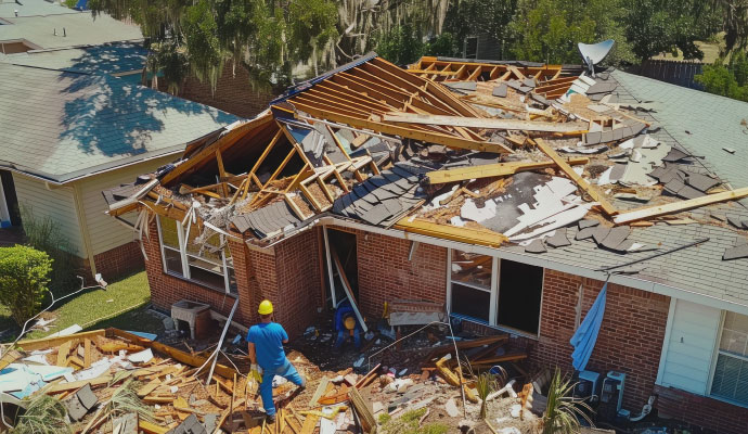 View of a brick house with significant roof destruction and debris following a major storm