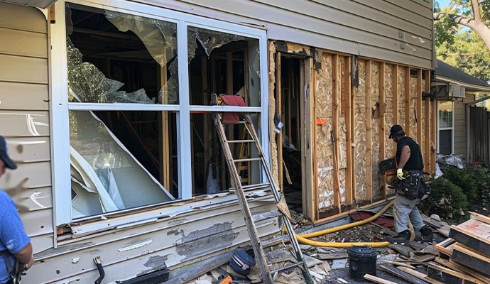 Experts cleaning disaster damaged house