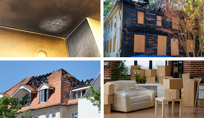 A collage featuring fire damage on a ceiling, a charred house exterior with boarded windows, a burnt roof, and furniture packed in boxes for restoration