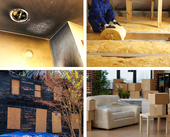 Collage showing fire-damaged ceiling with soot, attic insulation replacement, boarded-up burnt house, and packed boxes with wrapped furniture