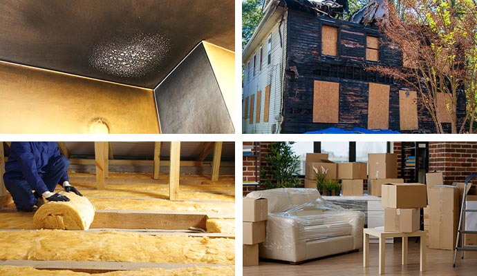 Collage of smoke damaged ceiling, boarded up house, insulation replacement and packed out contents