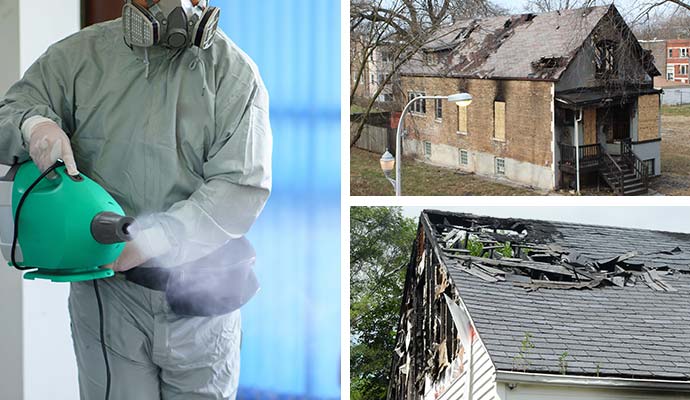 Collage of smoke odor removal service, boarded-up fire damaged house and residential fire damage