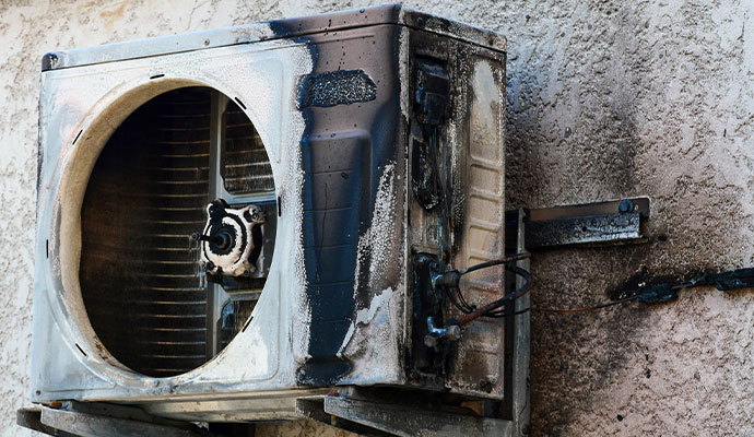 Fire damaged air conditioner unit
