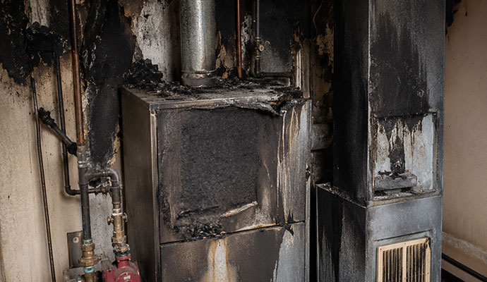 Fire damaged furnace with soot on walls
