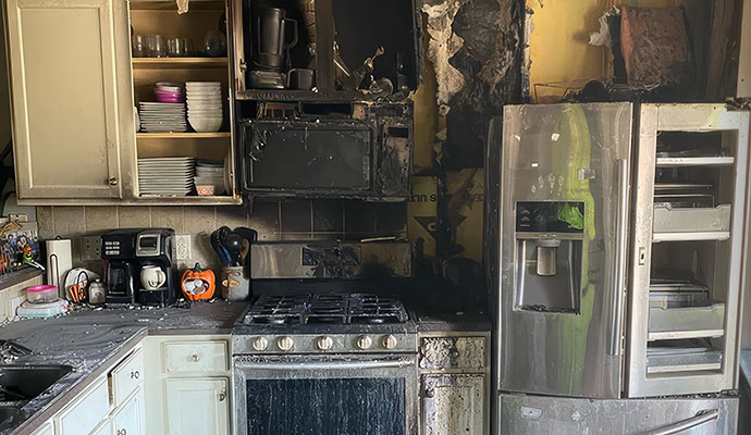 Fire damaged residential kitchen