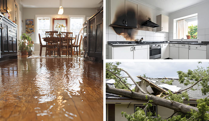 Collage of flooded floor, fire damaged kitchen and storm damaged house