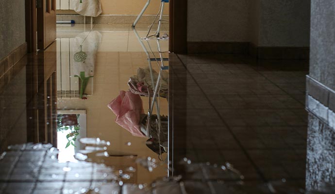 Flooded hallway with standing water