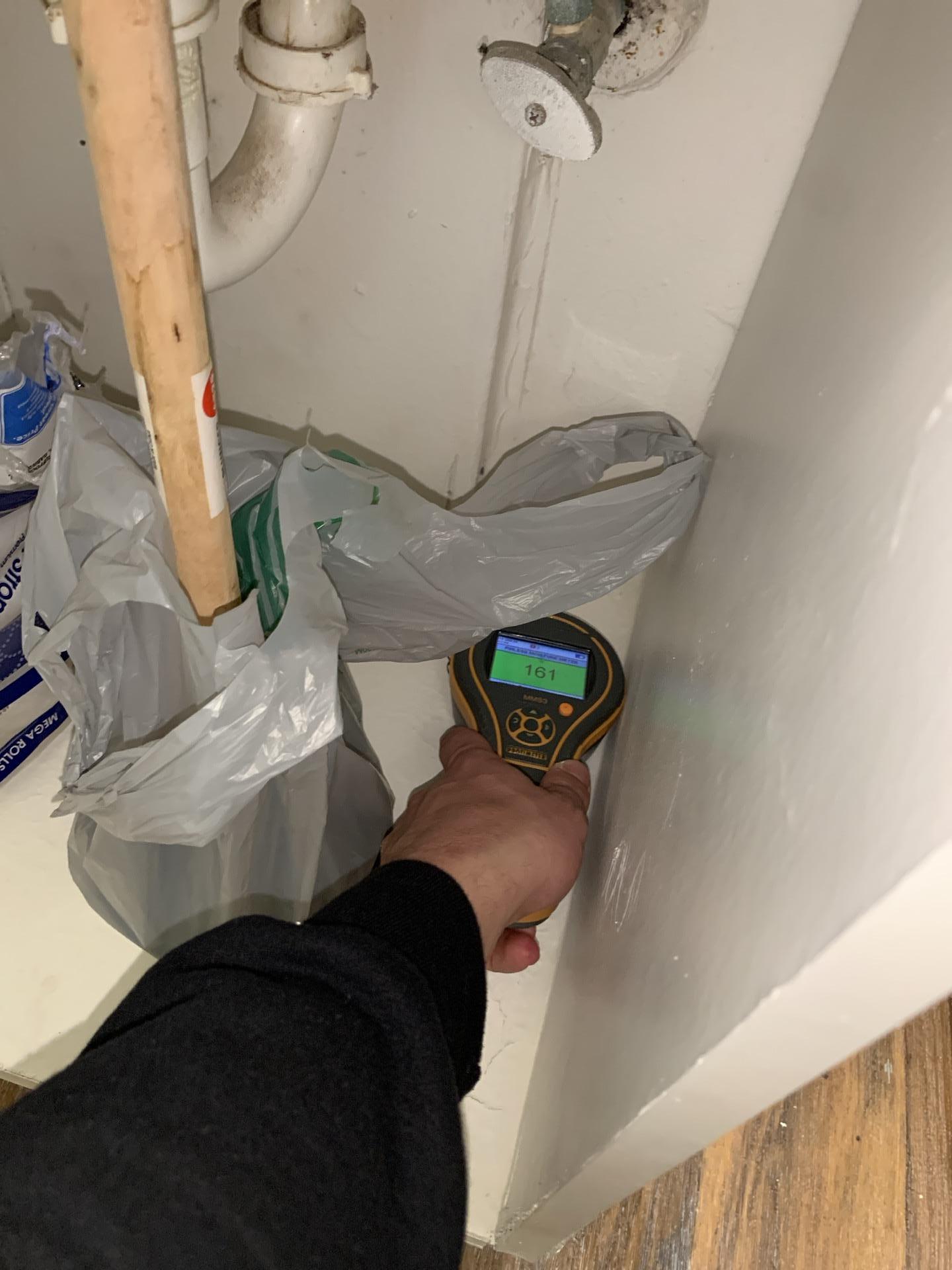 Technician using a moisture meter to detect high moisture levels (reading 161) under a bathroom sink, indicating active water damage.