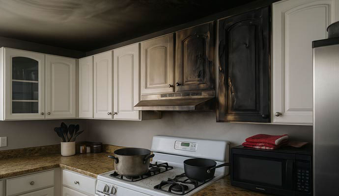 Severe smoke and soot damage on white kitchen cabinets and ceiling after a stovetop fire