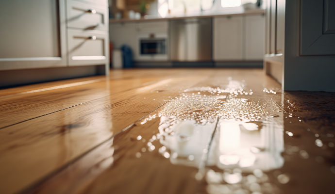 Water pooling on a hardwood kitchen floor due to a plumbing leak near cabinets and appliances