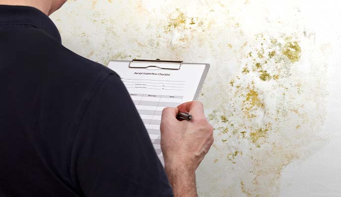 Mold inspector with clipboard checking wall for mold growth