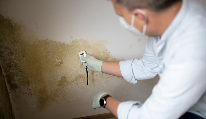 A professional of RestorePro Reconstruction inspecting mold with moisture meter