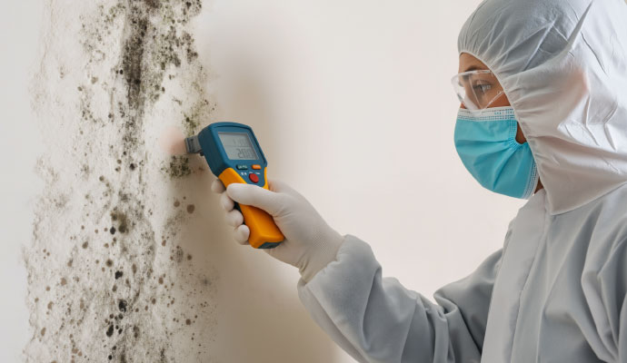 A professional of RestorePro Reconstruction inspecting mold with moisture meter