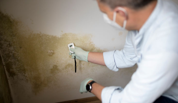 Technician in protective gear using a professional moisture meter to test for water damage on a moldy white wall